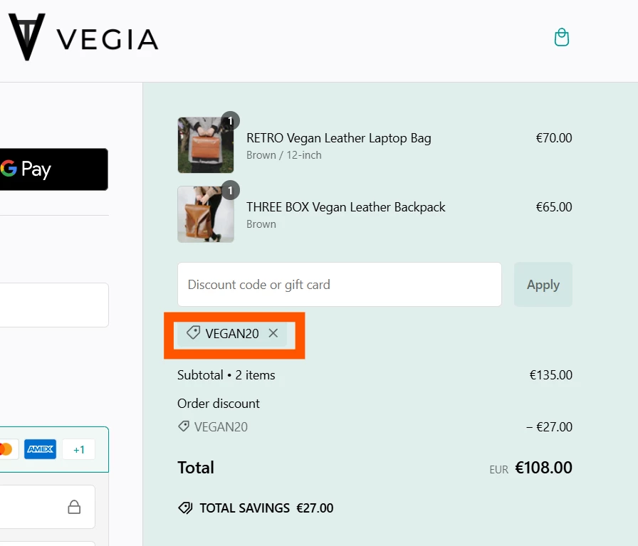 Vegia Bags verified Coupon code VEGAN20